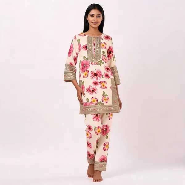 Cream_Mulmul_Cotton_Premium_Kurta_Pant_Set_For_Women