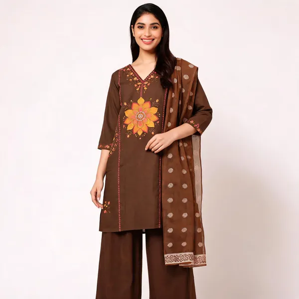 Brown_Pure_Premium_Heavy_Dabu_Cotton_Premium_Kurta_Set_For_Women