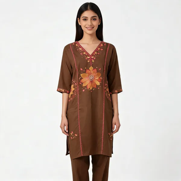 Brown_Pure_Premium_Heavy_Dabu_Cotton_Premium_Kurta_Set_For_Women