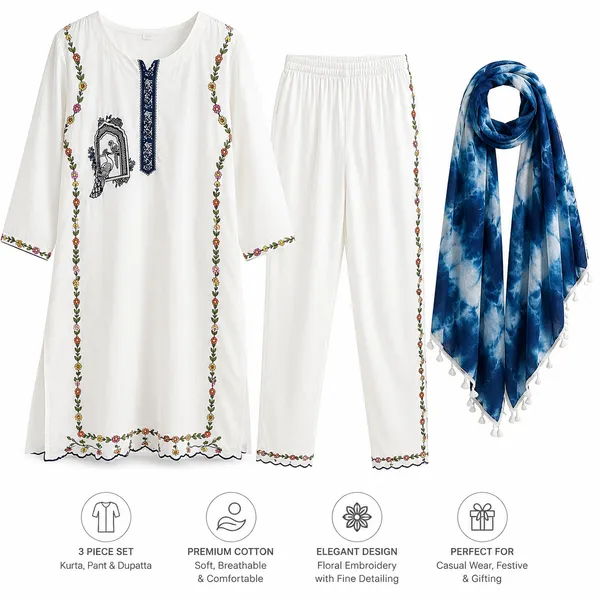 White_Cotton_Cambric_Premium_Kurta_Pant_Dupatta_Set_For_Women