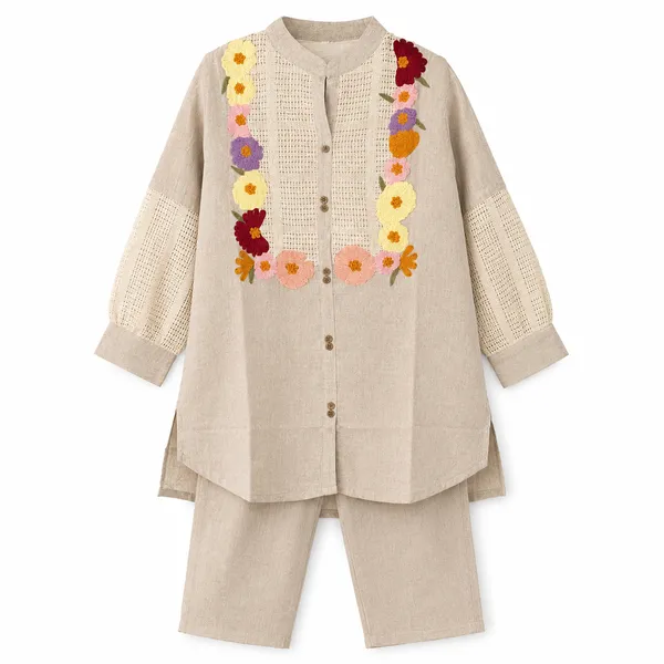 Beige_Jute_Cotton_Premium_Kurta_Set_For_Women