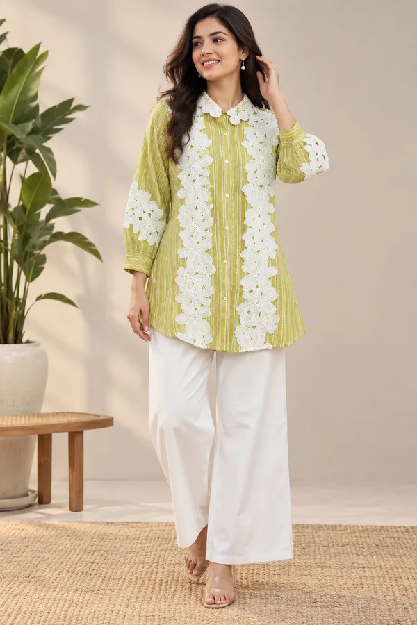 Women_Olive_Green_Striped_Embroidered_Shirt_Style_Kurta_with_White_Wide_Leg_Pants_Set