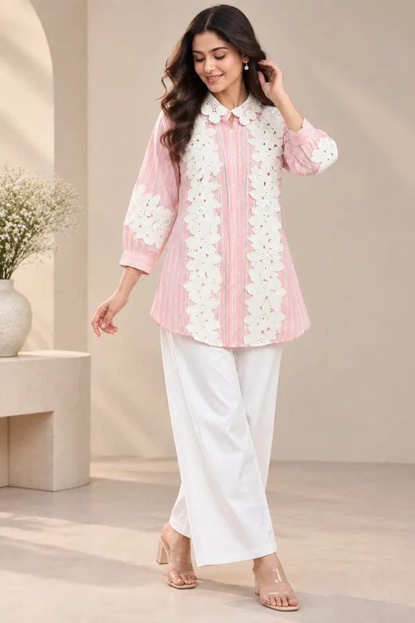 Women_Pink_Striped_Embroidered_Shirt_Style_Kurta_with_White_Wide_Leg_Pants_Set