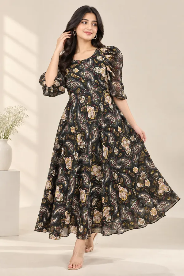 Women’s_Black_Paisley_Printed_Round_Neck_Puff_Sleeve_Fit_&_Flare_Maxi_Dress