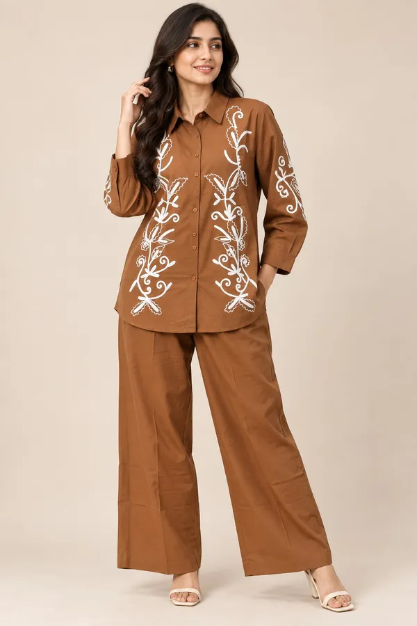 Women’s_Brown_Embroidered_Shirt_&_Wide-Leg_Pant_Co-ord_Set