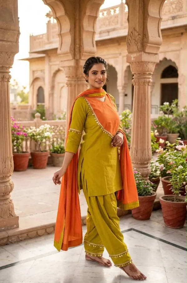 Women’s_Green_Straight_Kurta_with_Pant_&_Orange_Dupatta_Ethnic_Suit_Set