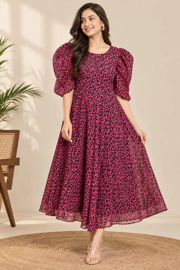 Women’s_Pink_Animal_Print_Round_Neck_Puff_Sleeve_Fit_&_Flare_Midi_Dress
