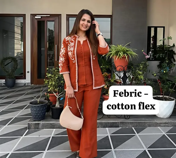 Women’s_Rust_Orange_Embroidered_Jacket,_Top_&_Wide-Leg_Pants_Co-ord_Set
