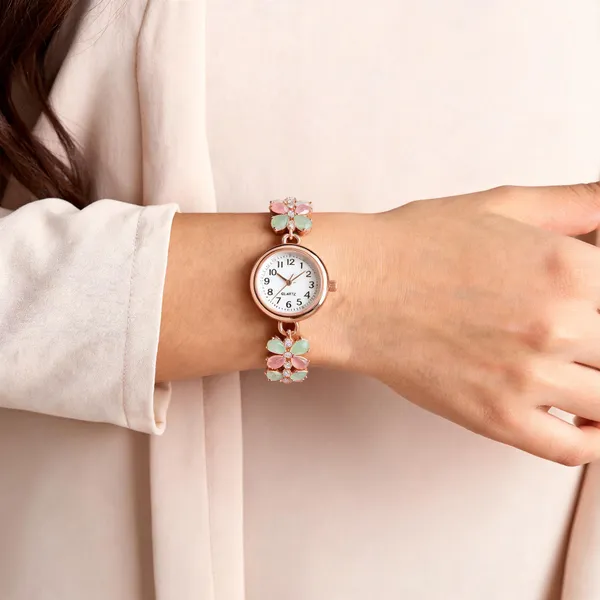 Pink_Rose_Gold_Tone_Floral_Bracelet_Analogue_Watch_For_Women