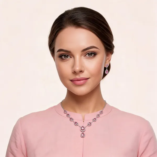 Pink_Silver_Tone_Teardrop_Stone_Necklace_Set_For_Women