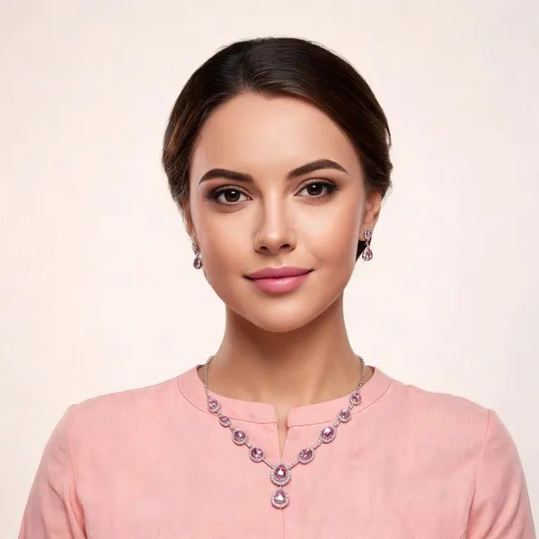 Pink_Silver_Tone_Teardrop_Stone_Necklace_Set_For_Women
