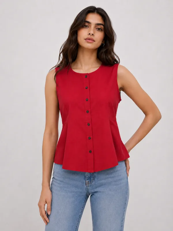 Women's_Red_Sleeveless_Round_Neck_Button-Front_Peplum_Top