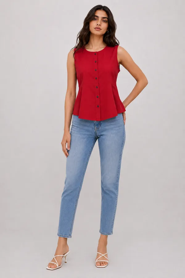 Women's_Red_Sleeveless_Round_Neck_Button-Front_Peplum_Top