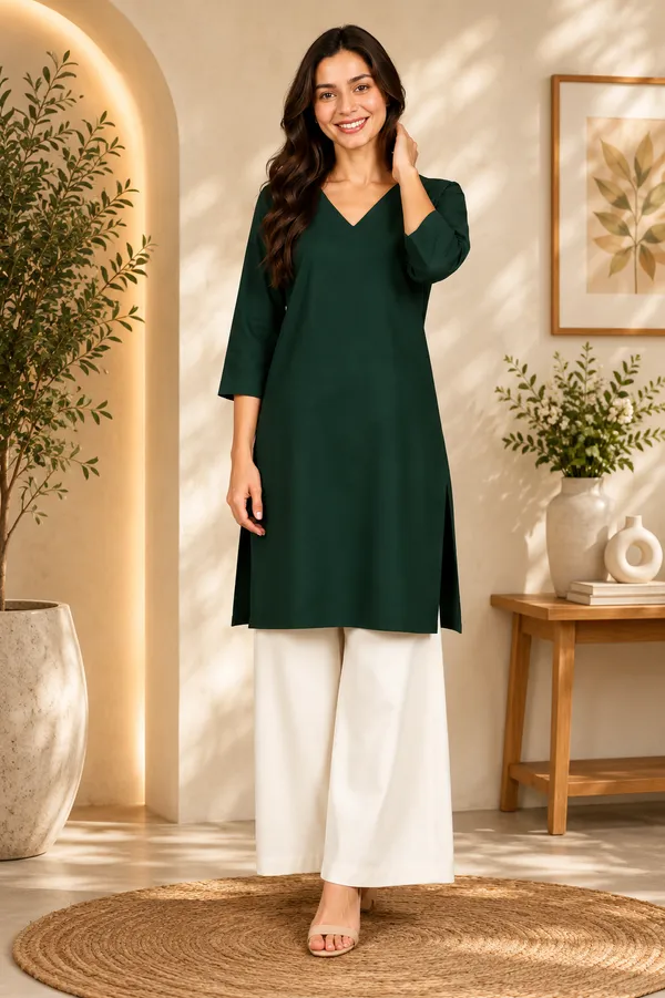 Women_Cotton_3/4th_Sleeve_Straight_Kurti_�_Casual_Everyday_Wear