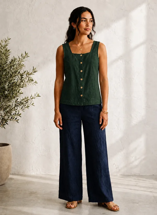 Green_Cotton_Sleeveless_Button_Front_Top_For_Women