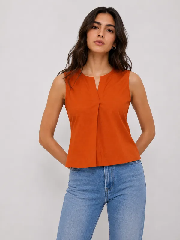 Orange_Cotton_Sleeveless_Flared_Top_For_Women