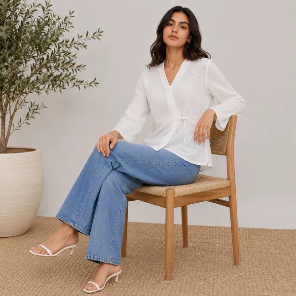 White_Cotton_Relaxed_Fit_Tie_Front_Blouse_For_Women