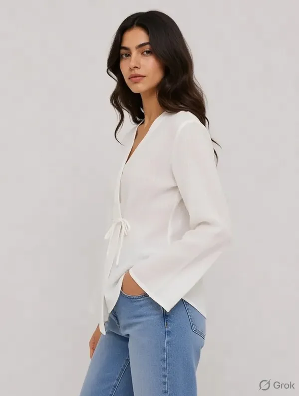 White_Cotton_Relaxed_Fit_Tie_Front_Blouse_For_Women