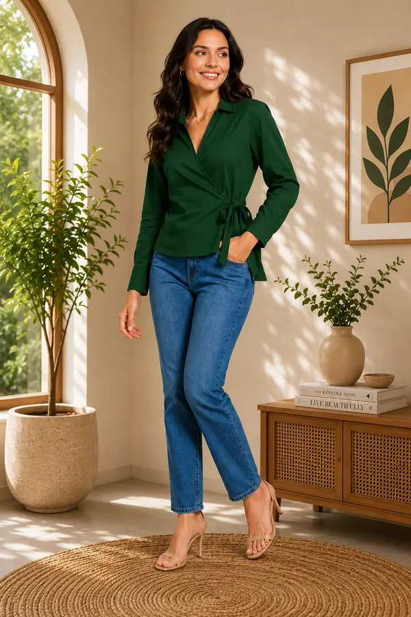 Women_Solid_Wrap_Top_V-Neck_Long_Sleeve_Side_Tie-Up_Casual_&_Workwear_Top