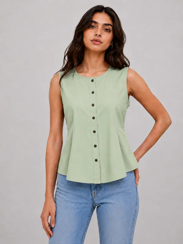 Women's_Mint_Green_Sleeveless_Round_Neck_Button-Front_Peplum_Top