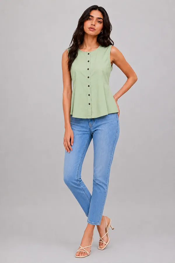 Women's_Mint_Green_Sleeveless_Round_Neck_Button-Front_Peplum_Top