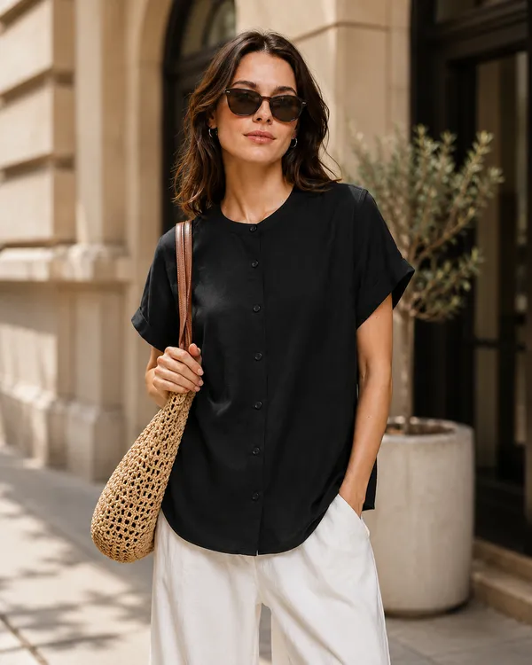Women's_Black_Cotton_Short_Sleeve_Shirt_�_Relaxed_Fit_Mandarin_Collar_Top