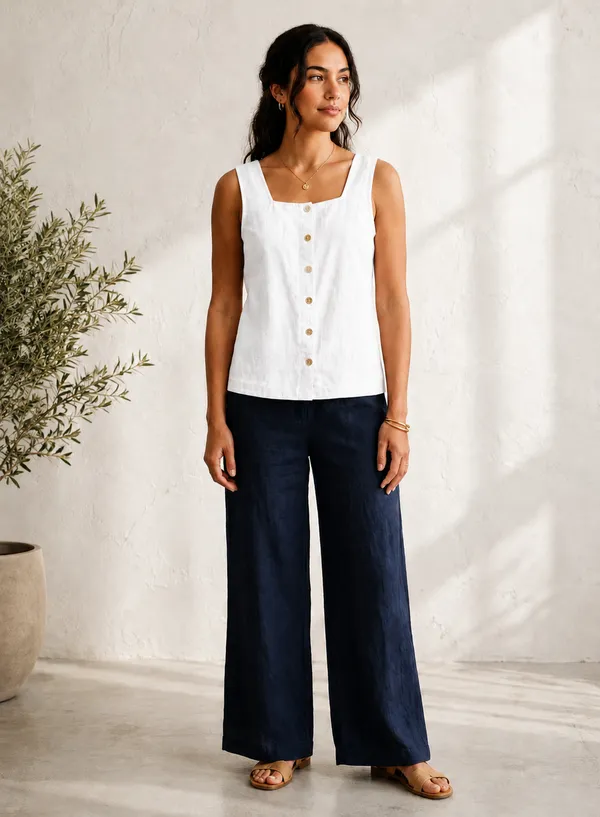 White_Cotton_Sleeveless_Button_Front_Top_For_Women