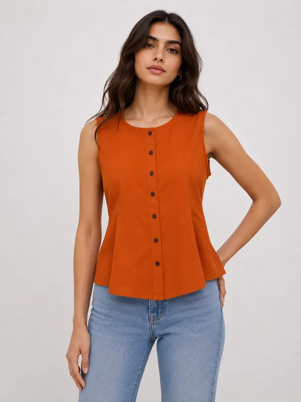 Orange_Cotton_Sleeveless_Peplum_Top_For_Women