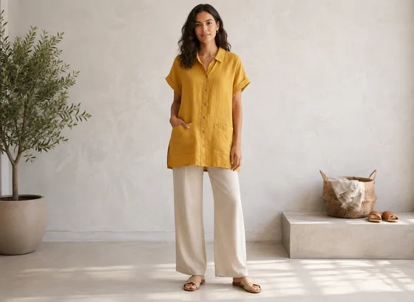 Yellow_Cotton_Relaxed_Fit_Short_Sleeve_Shirt_For_Women