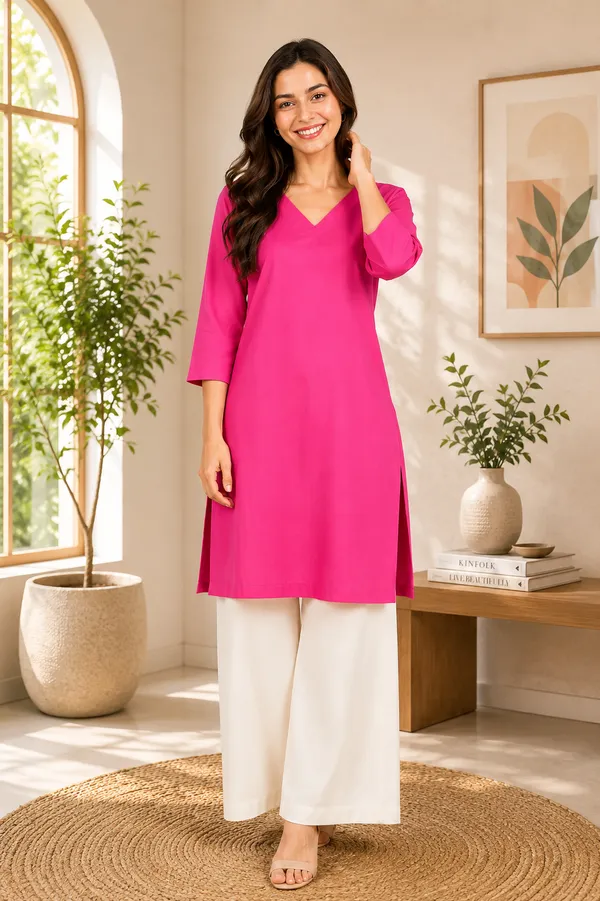 Women_Cotton_3/4th_Sleeve_Straight_Kurti_�_Casual_Everyday_Wear