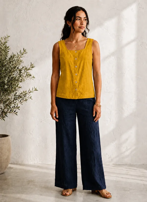 Mustard_Cotton_Sleeveless_Button_Front_Top_For_Women