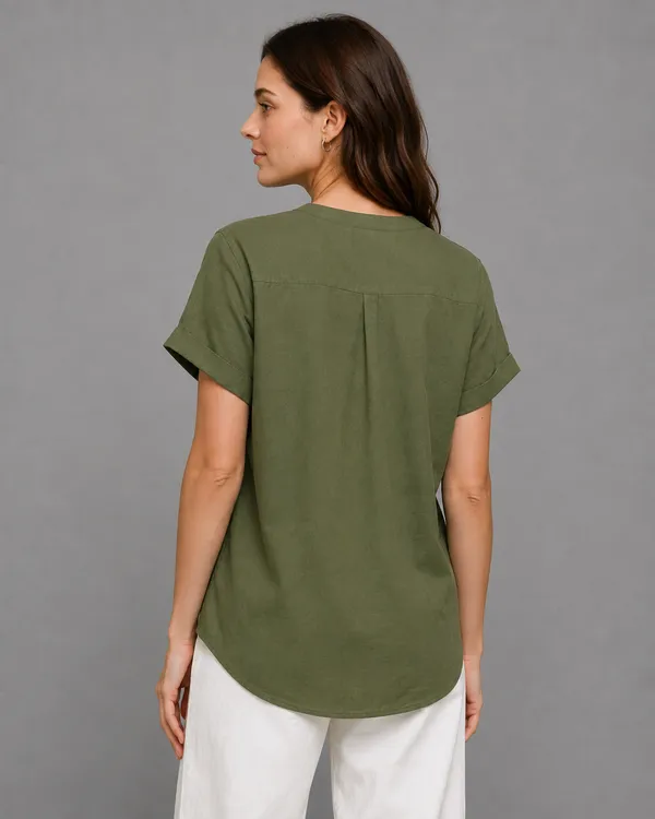 Women's_Olive_Green_Cotton_Short_Sleeve_Shirt_�_Relaxed_Fit_Mandarin_Collar_Top