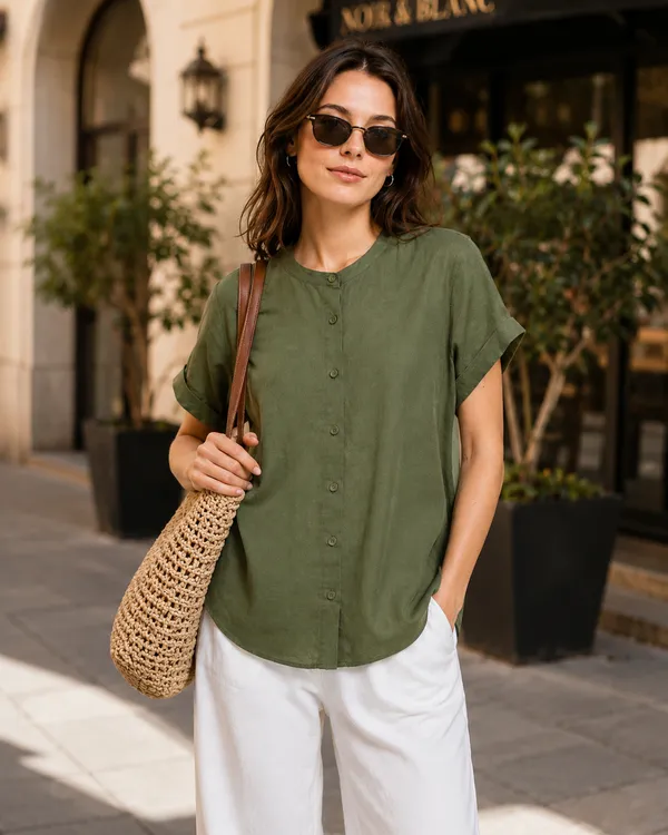 Women's_Olive_Green_Cotton_Short_Sleeve_Shirt_�_Relaxed_Fit_Mandarin_Collar_Top