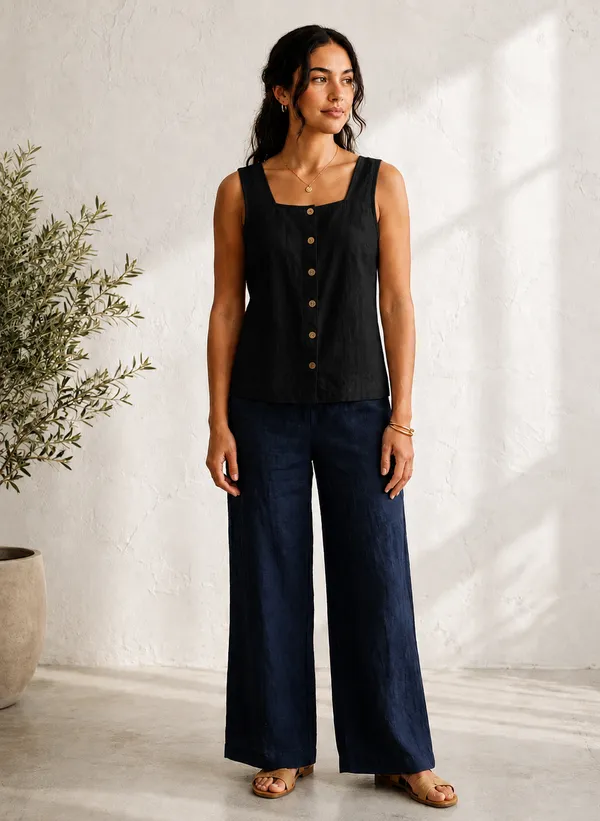 Black_Cotton_Sleeveless_Button_Front_Top_For_Women