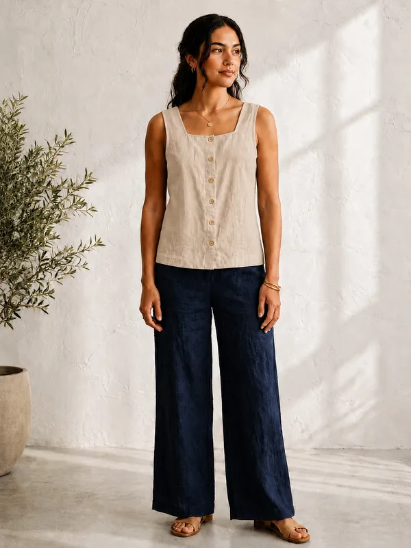 Beige_Navy_Cotton_Relaxed_Fit_Sleeveless_Top_Wide-Leg_Pants_Set_For_Women