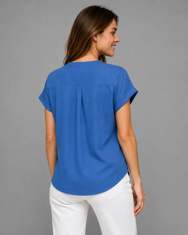 Women's_Royal_Blue_Cotton_Notch_Neck_Short_Sleeve_Casual_Top_|_Relaxed_Fit_Pullover_Blouse