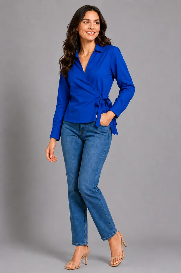 Women_Solid_Wrap_Top_V-Neck_Long_Sleeve_Side_Tie-Up_Casual_&_Workwear_Top