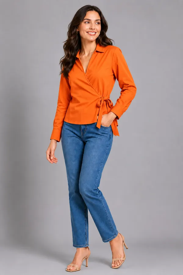 Women_Solid_Wrap_Top_V-Neck_Long_Sleeve_Side_Tie-Up_Casual_&_Workwear_Top