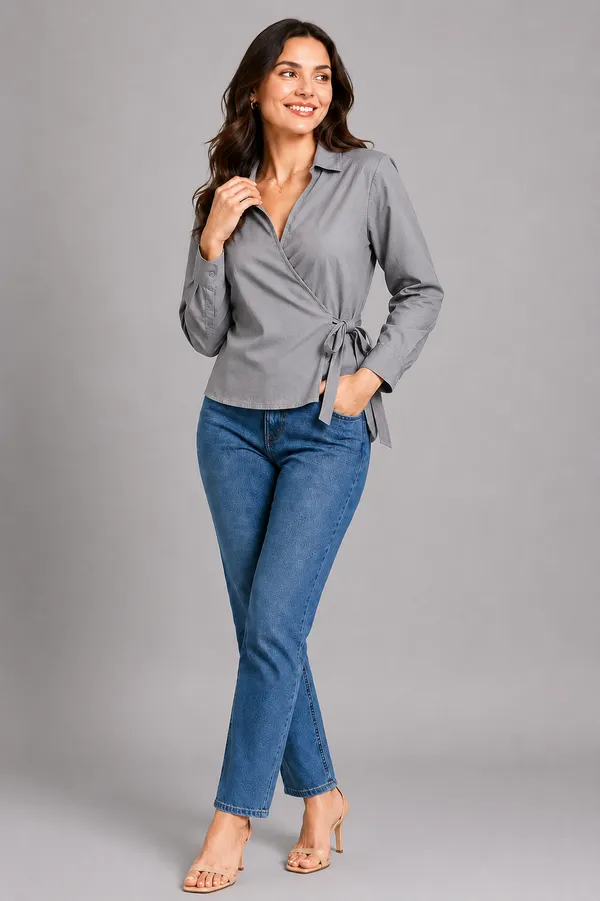 Women_Solid_Wrap_Top_V-Neck_Long_Sleeve_Side_Tie-Up_Casual_&_Workwear_Top