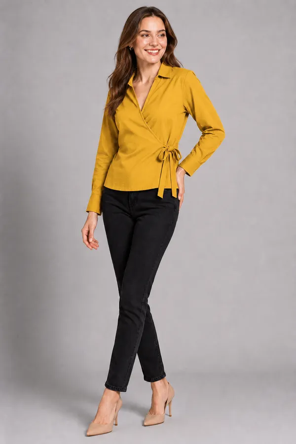 Women_Solid_Wrap_Top_V-Neck_Long_Sleeve_Side_Tie-Up_Casual_&_Workwear_Top
