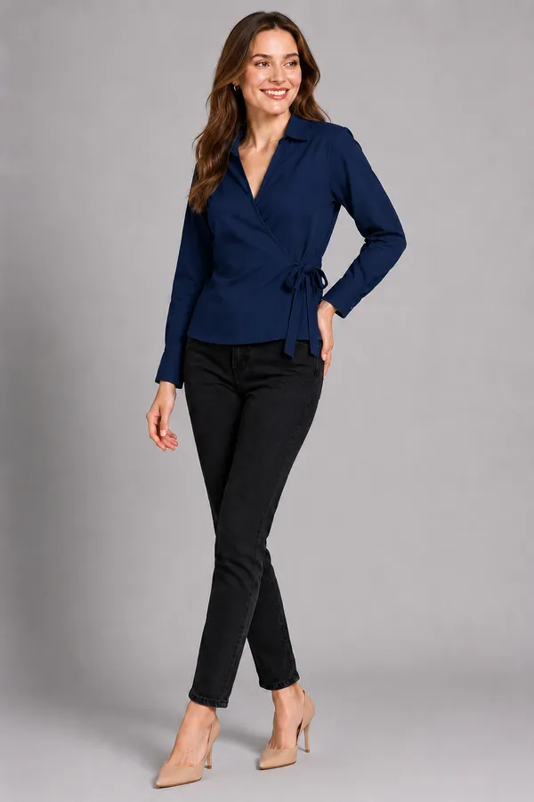 Women_Solid_Wrap_Top_V-Neck_Long_Sleeve_Side_Tie-Up_Casual_&_Workwear_Top