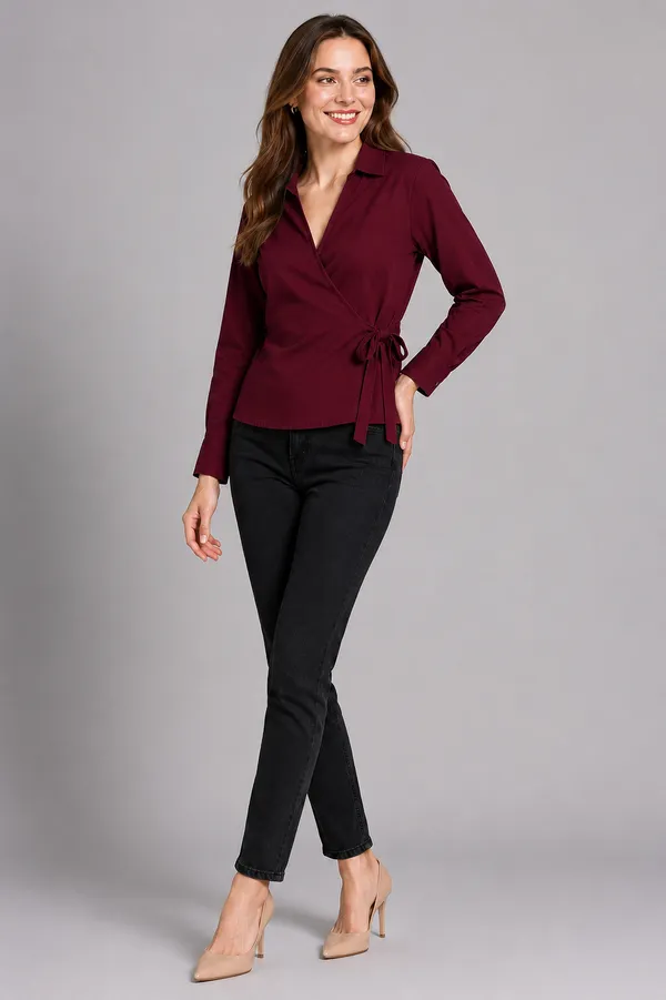 Women_Solid_Wrap_Top_V-Neck_Long_Sleeve_Side_Tie-Up_Casual_&_Workwear_Top