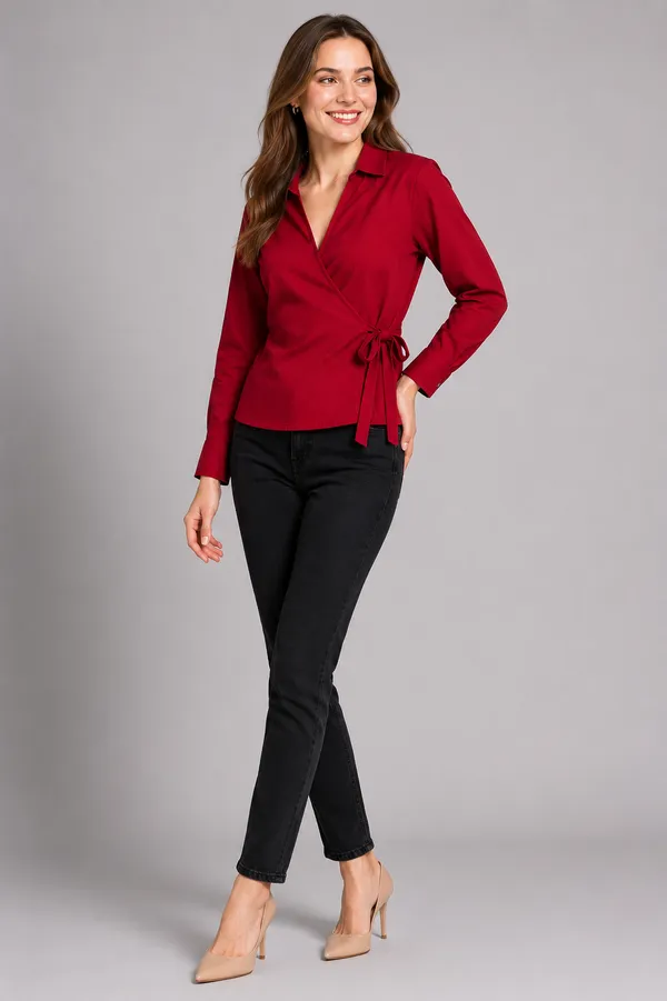 Women_Solid_Wrap_Top_V-Neck_Long_Sleeve_Side_Tie-Up_Casual_&_Workwear_Top