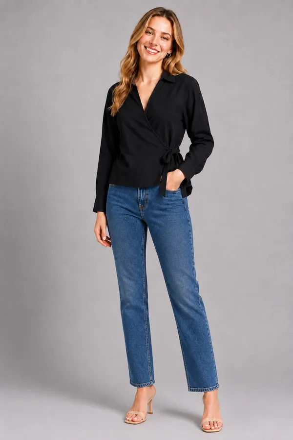 Women_Solid_Wrap_Top_V-Neck_Long_Sleeve_Side_Tie-Up_Casual_&_Workwear_Top