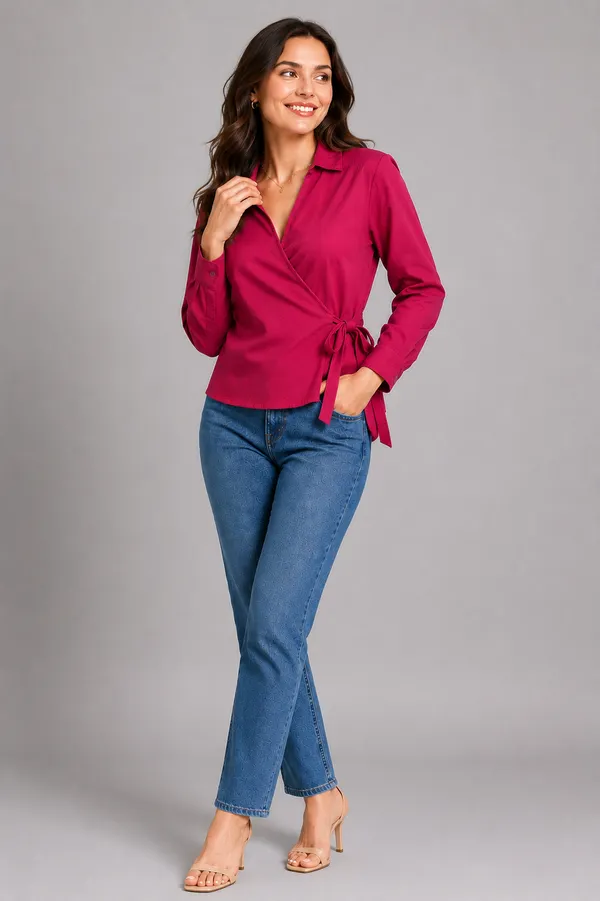 Women_Solid_Wrap_Top_V-Neck_Long_Sleeve_Side_Tie-Up_Casual_&_Workwear_Top