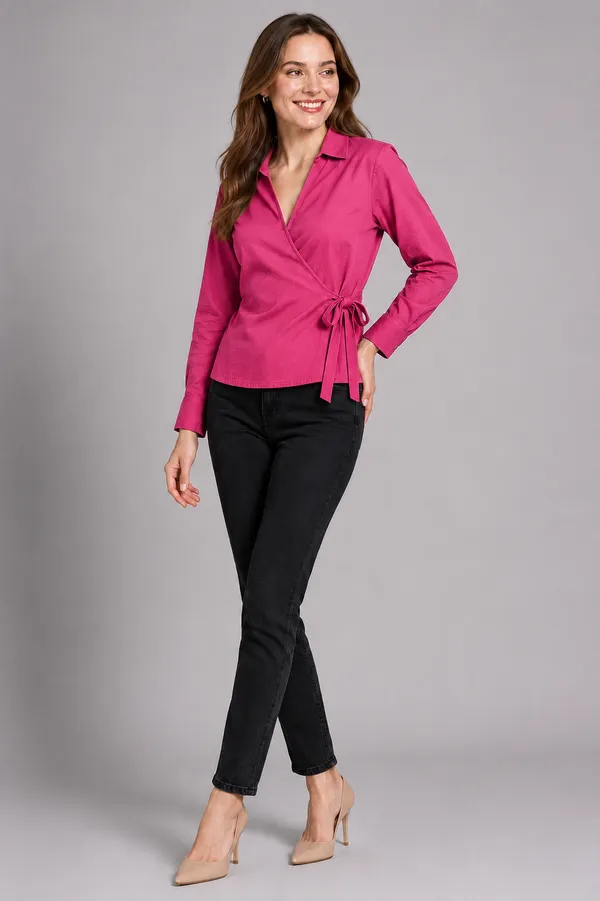 Women_Solid_Wrap_Top_V-Neck_Long_Sleeve_Side_Tie-Up_Casual_&_Workwear_Top