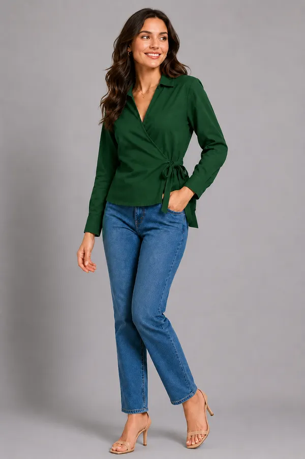 Women_Solid_Wrap_Top_V-Neck_Long_Sleeve_Side_Tie-Up_Casual_&_Workwear_Top