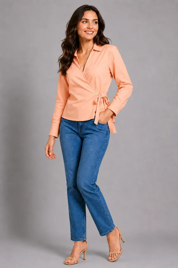 Women_Solid_Wrap_Top_V-Neck_Long_Sleeve_Side_Tie-Up_Casual_&_Workwear_Top