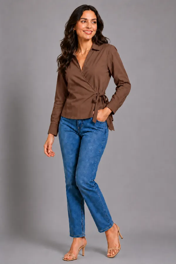 Women_Solid_Wrap_Top_V-Neck_Long_Sleeve_Side_Tie-Up_Casual_&_Workwear_Top