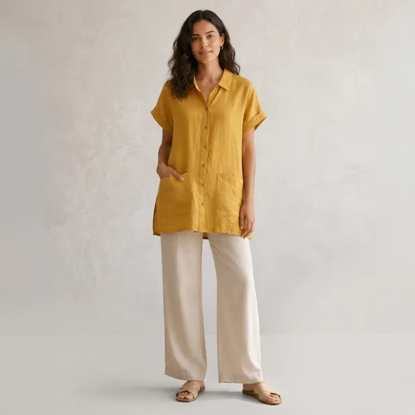 Yellow_Cotton_Relaxed_Fit_Short_Sleeve_Shirt_For_Women